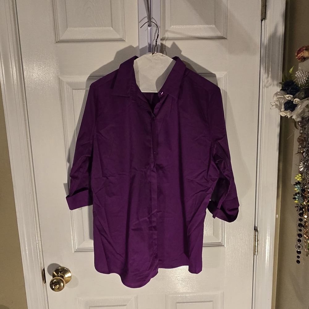 Worthington Women Purple Long Sleeve Button Down Shirt Blouse Top Stretch Size L